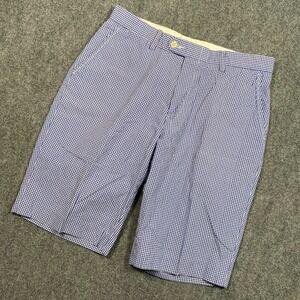 Polo Ralph Lauren Men's Blue Gingham Check Shorts Size‎ 33 Flat‑Front Cotton